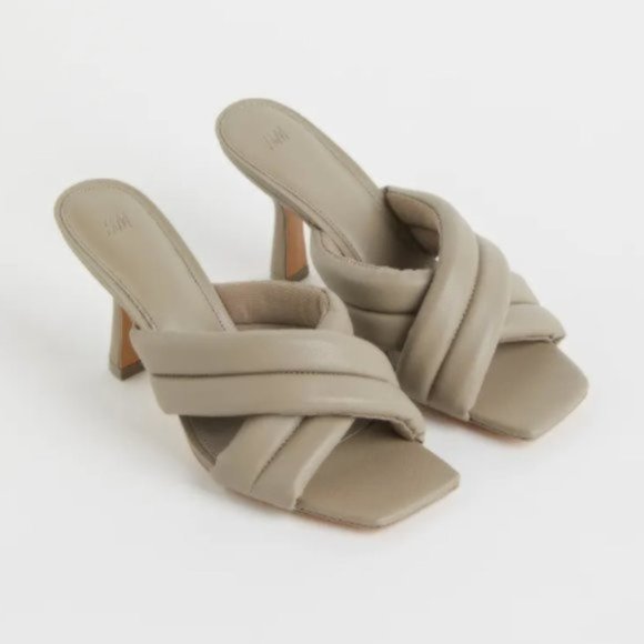 H&M Mules Heels Sandals Quilt Taupe Grey Sz.39/US 8 - Picture 1 of 16